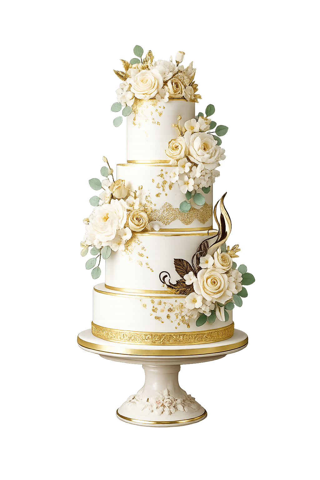 Four-tier white and gold floral wedding cake